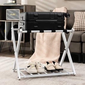 Conjunto 2 estantes de metal para bagagens até 60 kg com 4 correias estáveis e 2 pisos para casa e hotel 68 x 43 x 58 cm Branca