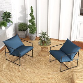 Conjunto de 2 Poltronas com Almofadas de Assento Sling Encosto Assento Tecido e Estrutura de Metal para Varanda 71 x 71 x 61 cm Azul + Preto