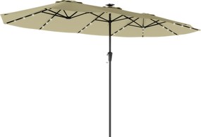 Chapéu de Sol Duplo com 36 Luzes LED Solares 4x2 m Manivela UPF50+ Chapéu de Sol para Jardim Bege