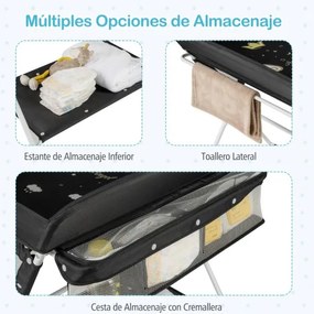 Mesa Trocador fraldas para Bebés Portátil e Dobrável Altura Ajustável 3 Níveis Organizador Móvel com Cesto Prateleira Rodas e Travão Preta