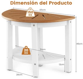 Banco de casa de banho com prateleira à prova d'água 2 níveis Cadeira de banheiro 65 x 46 cm castanho e branco