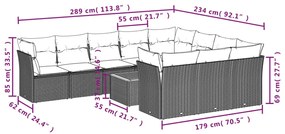 11 pcs conjunto sofás de jardim c/ almofadões vime PE bege