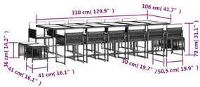 17 pcs conj. de jantar p/ jardim c/ almofadões vime PE cinzento