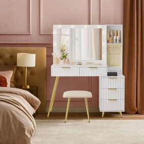 Toucador com banco 40 x 110 x 135 cm, e com espelho com luzes Led, gavetas Branco
