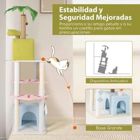 Arranhador para gatos de 180 cm Tema de praia multinível com 2 postes para arranhar Plantas artificiais Brinquedos Multicolorido