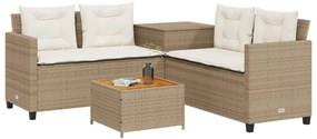 Sofá de jardim forma de L c/ mesa e almofadões vime PE bege