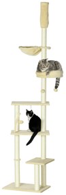 Arranhador para Gatos do Solo ao Teto de 230-250 cm  com Altura Ajustável Múltiplas Plataformas Rede Bolas Suspensas Bege