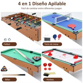 Mesa de Jogo Combo 4 em 1 Mesa de matraquilhos, com Mesa de Bilhar, Ping Pong e Hóquei Air e Acessórios para crianças Natural