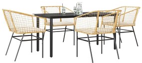 Conjunto jantar jardim 5 peças almofadas vidro vime PE castanho