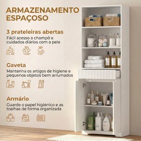 Armário Alto de Casa de Banho 60x30x171 cm, Armário Estreito com 3 Prateleiras Abertas, Gaveta Canelada, Prateleira Ajustável, Branco
