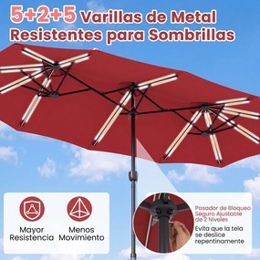 Guarda-sol Duplo Retangular de Exterior com base, 370 x 200 cm, 108 Luzes LED, Vermelho vinho