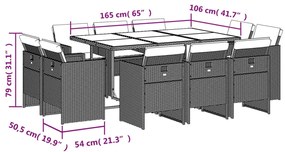 11 pcs conjunto de jantar p/ jardim c/ almofadões vime PE preto
