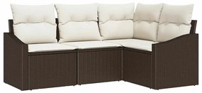 Conjunto de Jantar de Jardim 4 Peças com Almofadas Castanho de Rattan