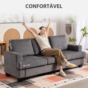 Sofá de 3 Lugares Sofá Sala de Estar 213x80x90 cm Estofado em Chenille Estrutura de Aço e Desenho Moderno Cinzento