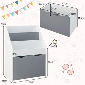 Estante para crianças com 3 compartimentos e gaveta extraível com 4 rodas para crianças dos 3 aos 6 anos 50 x 28 x 70 cm Cinzento