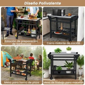 Carrinho de cozinha e de jardim com suporte para forno de pizza em PEAD com rodas Mesa para garrafas de vinho em aço inoxidável 105 x 54 x 85 cm Preto
