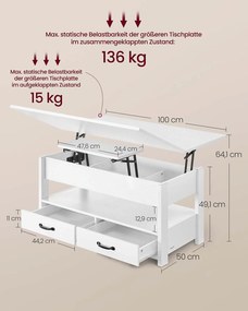 Mesa de centro com altura ajustável 50 x 100 x 49,1 cm/64,1 cm, gavetas e compartimentos Branca
