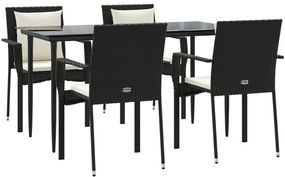 5 pcs conjunto de jantar p/ jardim c/ almofadões vime PE preto