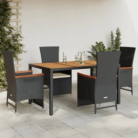 5 pcs conjunto de jantar p/ jardim c/ almofadões vime PE preto