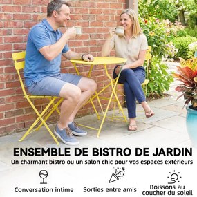 Conjunto de jardim de 3 peças: mesa e 2 cadeiras dobráveis com ripas, dupla proteção antiferrugem, cor amarela