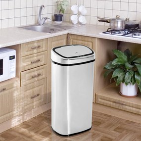 Balde de Lixo Inteligente de Aço Inoxidável 68L com Sensor Infravermelho de Abertura Automática e Contato Manual para Cozinha Dormitório Casa de banho