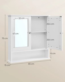 Armário casa banho parede com espelho e compartimento aberto 15 x 65 x 75 cm branco