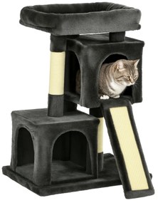 PawHut Arranhador para Gatos com Postes e Placa de Arranhar em Sisal Caverna Cama com Borda Elevada e Tato Suave 59x39x83 cm Cinza Escuro