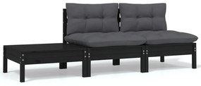 vidaXL 3 pcs conjunto lounge jardim c/ almofadões pinho maciço preto