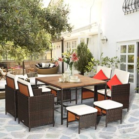 Conjunto de 9 peças de mobiliário de refeições para jardim Conjunto de cadeiras de vime e pufes com almofadas para jardim, pátio e piscina