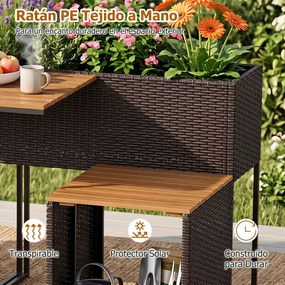Conjunto de Canteiro Elevado, Mesa e 2 Cadeiras de Jardim, 150 x 70 x 73 cm, Arrumação Integrada, Castanho