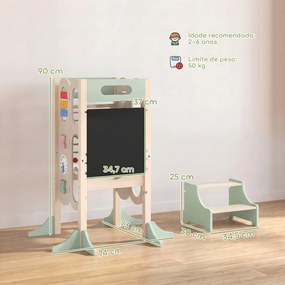 Torre de Aprendizagem Infantil Montessori 6 em 1 com Quadro Banco de Cozinha para Crianças dos 2 aos 6 Anos Verde