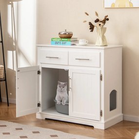 Caixa de areia para gatos 80 x 45 x 80 cm com compartimento oculto com 2 gavetas. Portas duplas com arrumação Branco