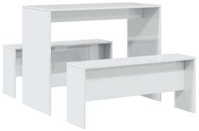3 pcs conj. mesa jantar e banco deriv. madeira branco brilhante