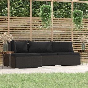 vidaXL 4 pcs conjunto lounge de jardim c/ almofadões vime PE preto