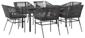 Conjunto de jantar jardim 7 peças almofadas vidro vime PE preto