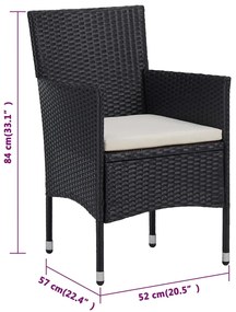 3 pcs conjunto de jantar para jardim com almofadões preto