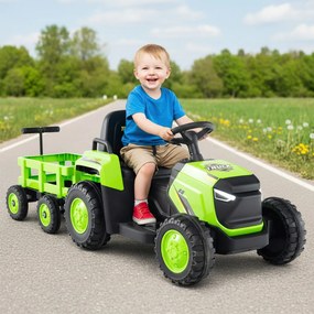 Trator Elétrico para crianças de 12V com Reboque Desmontável Comando à Distância Faróis LED Buzina Música Arranque Verde