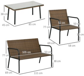 Conjunto de Jardim de 4 Peças em Vime Sintético com 2 Poltronas 1 Sofá de 2 Lugares e 1 Mesa de Vidro Temperado Castanho + caqui