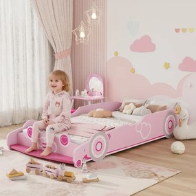 Cama Infantil 70x140 cm em Forma de Carro (COLCHÃO NÃO INCLUIDO) com Barreira de Proteção e Estrado para Crianças de 3-5 Anos Rosa