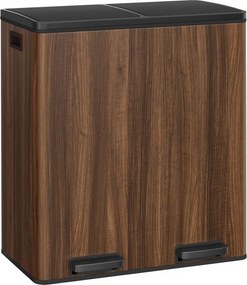 Caixote do lixo 58,5 x 32 x 65 cm de 60 L com  2 compartimentos, caixotes interiores removíveis com pedal castanho
