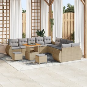 Conjunto de Sofá de Jardim de 13 Peças com Almofadas Bege Rattan Poli