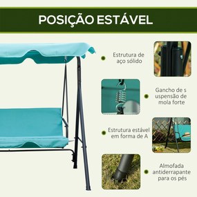 Baloiço de Jardim de 3 Lugares com Teto Ajustável e Estrutura de Aço Suporta até 240 kg 172x110x153 cm Verde Azulado