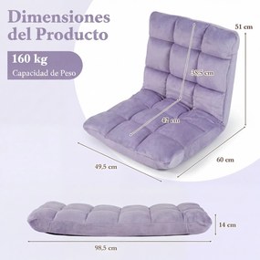 Sofá de chão dobrável 60 x 49,5 x 51 cm com encosto de 14 posições e enchimento de espuma macia para meditação, leitura e yoga Roxo