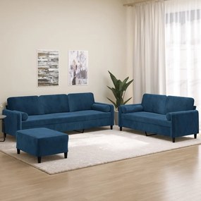 vidaXL 3 pcs conjunto sofás c/ almofadas/almofadões veludo azul