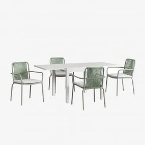 Conjunto De Mesa Extensível Retangular De Alumínio Starmi (90-180x90 Cm) E 4 Cadeiras De Jardim Empilháveis De Alumínio Alberta Verde Cáqui - Sklum