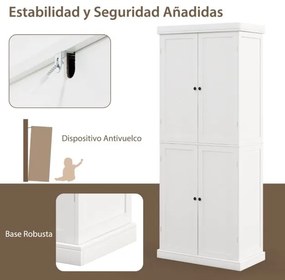 Armario cozinha com 4 Portas e 6 Estantes Armário de Madeira para Cozinha Sala de Jantar Sala de Estar 76 x 40 x 184,5 cm Branco