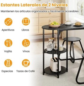 Conjunto de mesa de jantar de madeira e metal e 2 bancos com Prateleiras Armazenamento para Espaços pequenos Preto