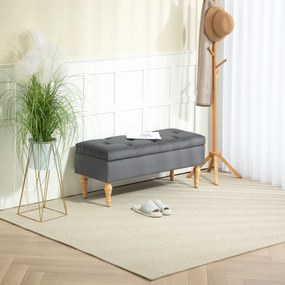 Banco com arrumação 2 em 1, em veludo 102 C x 38 P x 41 A cm com tampa articulada acolchoada e pés em madeira, cinzento