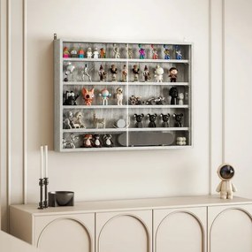 Vitrine de parede para objetos de coleção com 4 prateleiras reguláveis em altura e 2 portas de correr 80 x 9,5 x 60 cm cinzenta