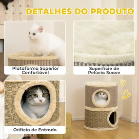 Arranhador em Forma de Cilindro para Gatos com 3 Níveis Plataforma e Caverna Confortável 37,5x37,5x70 cm Caqui e Bege